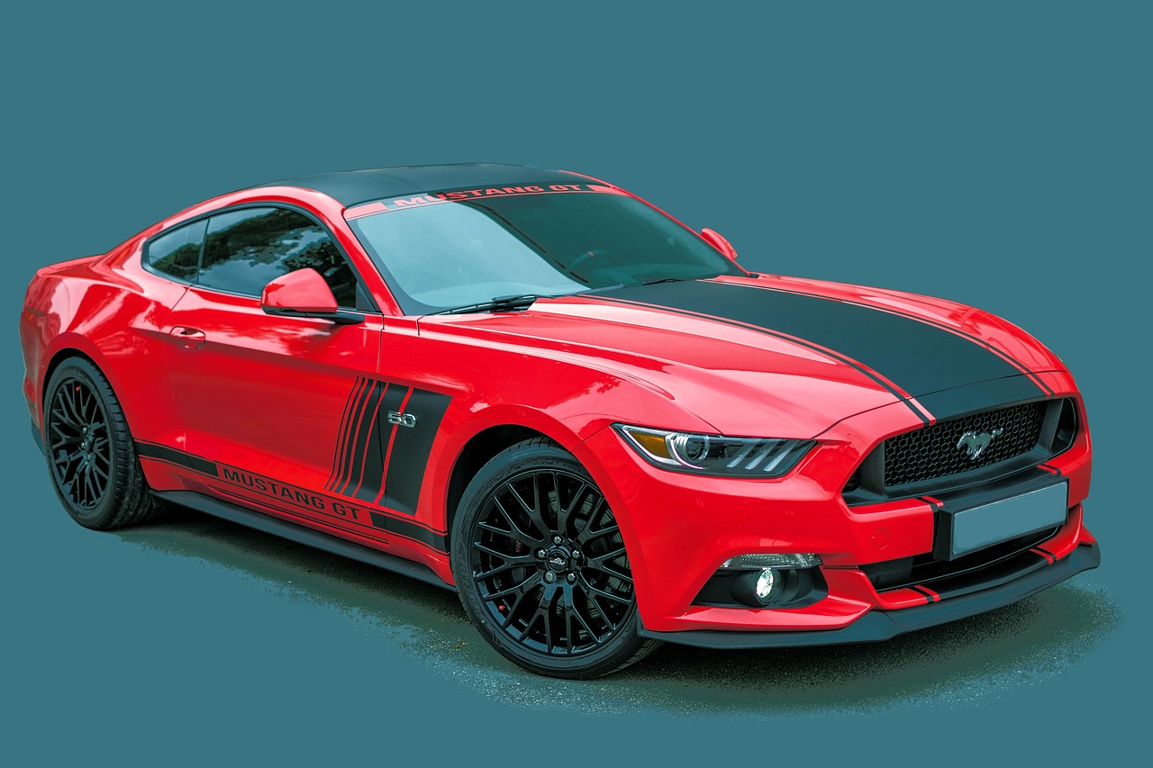 a red mustang parked in a parking lot, a digital rendering, by Robert Gavin, trending on pixabay, it has a red and black paint, on grey background, frontal picture, full device