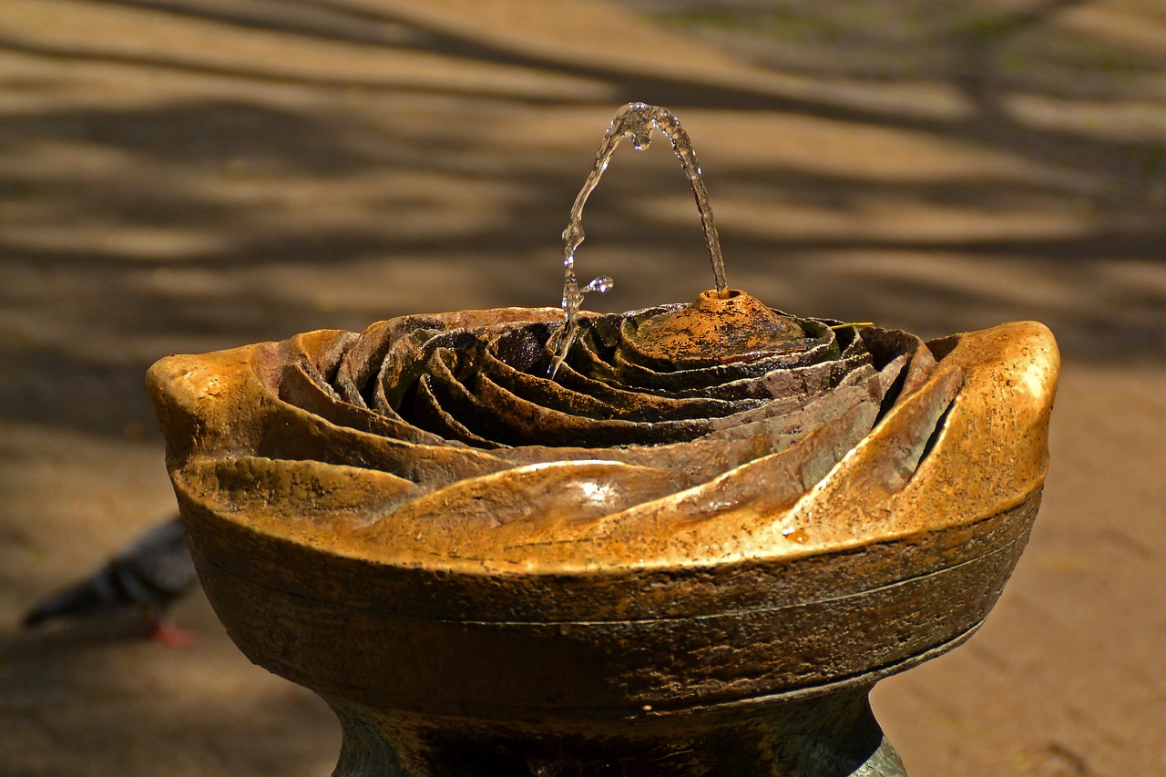 a close up of a water fountain with a bird in the background, a portrait, by Cherryl Fountain, gold striated swirling finish, allan houser, sun lit, taken with my nikon d 3