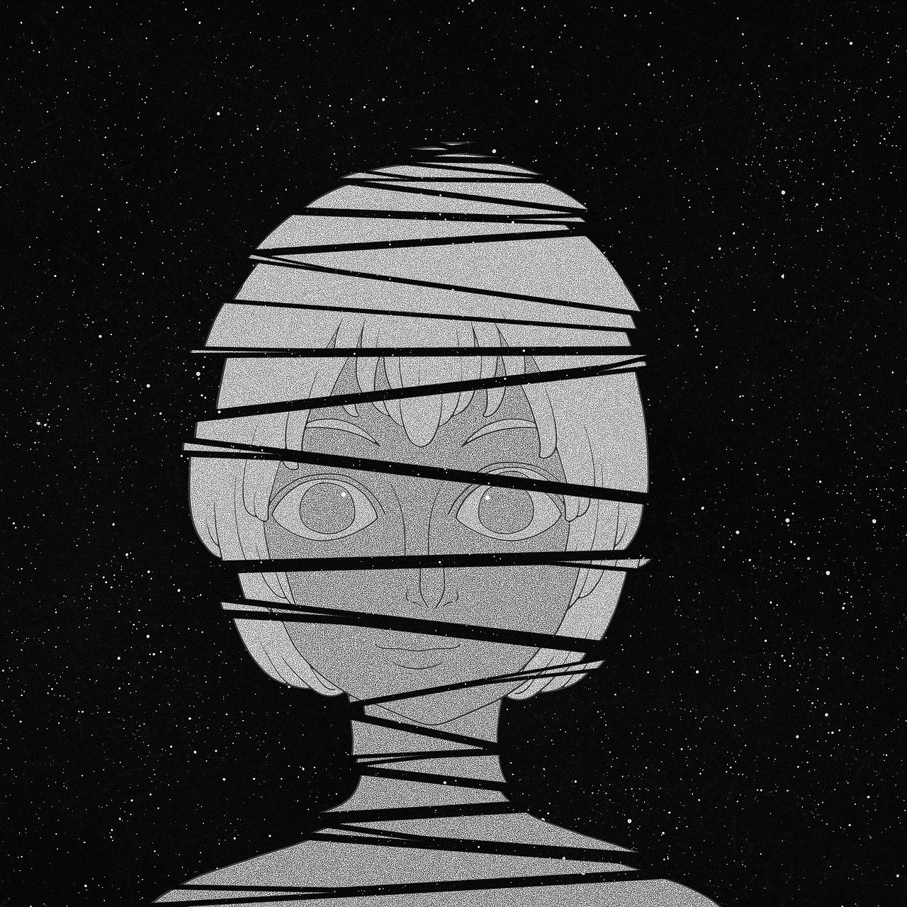 a black and white photo of a person with tape wrapped around his head, inspired by Junji Ito, tumblr, serial art, desolate. digital illustration, portrait anime space cadet girl, mobile wallpaper, mummy portrait