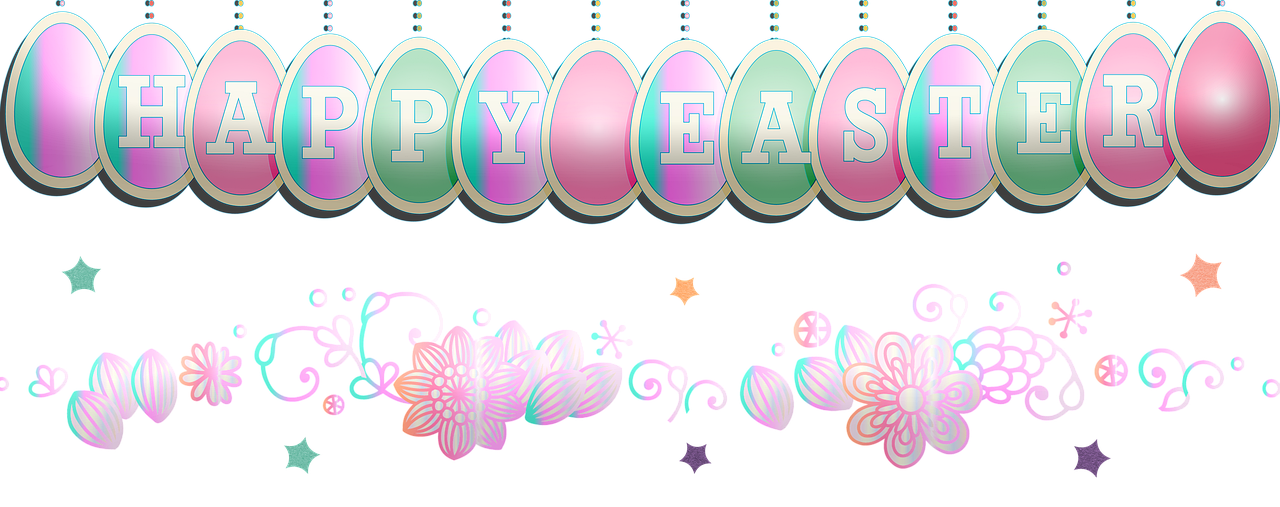 a sign that says happy easter on a black background, a pastel, digital art, straps, seasons!! : 🌸 ☀ 🍂 ❄, detailed ornaments, bottom - view