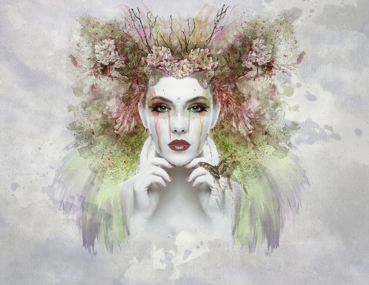 a digital painting of a woman with flowers in her hair, a fine art painting, fantasy art, mixed media style illustration, stunning 3d render of a fairy, coy expression wearing intricate, covered in moss and birds