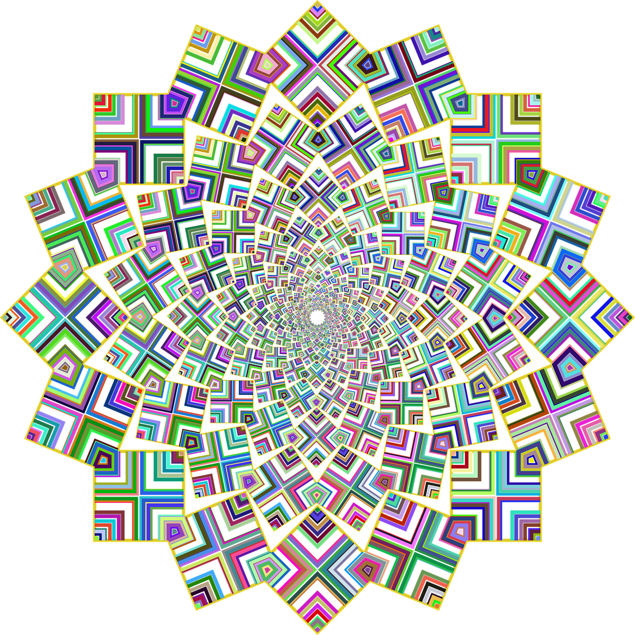 a multicolored flower on a black background, digital art, inspired by Victor Vasarely, sharp geometrical squares, pulled into the spiral vortex, giant lotus mandala, sequences