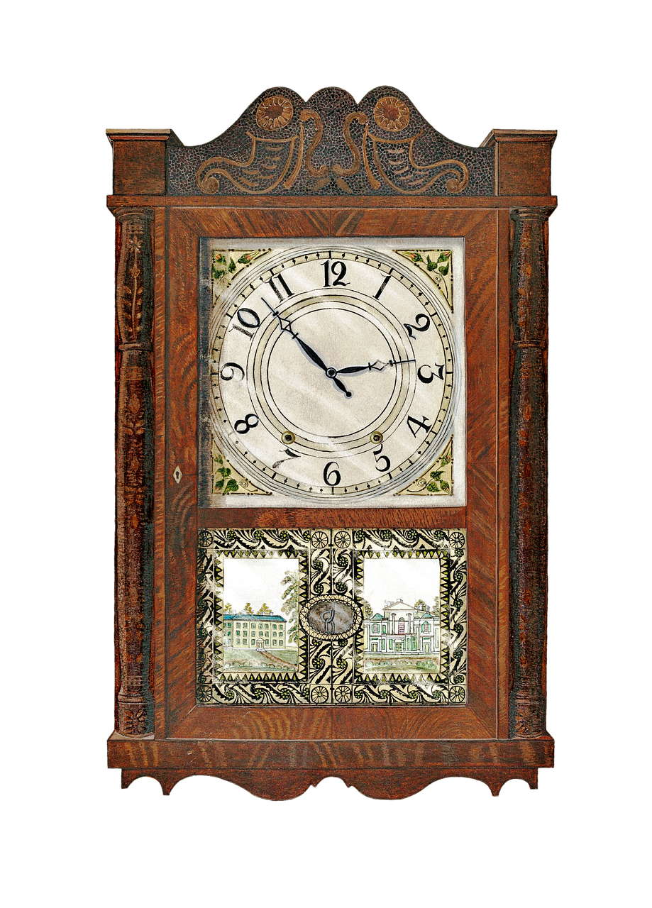 a close up of a clock on a black background, a digital rendering, inspired by Joseph Cornell, folk art, with detailed wood, city scene, early 2 0 th century, 1910s