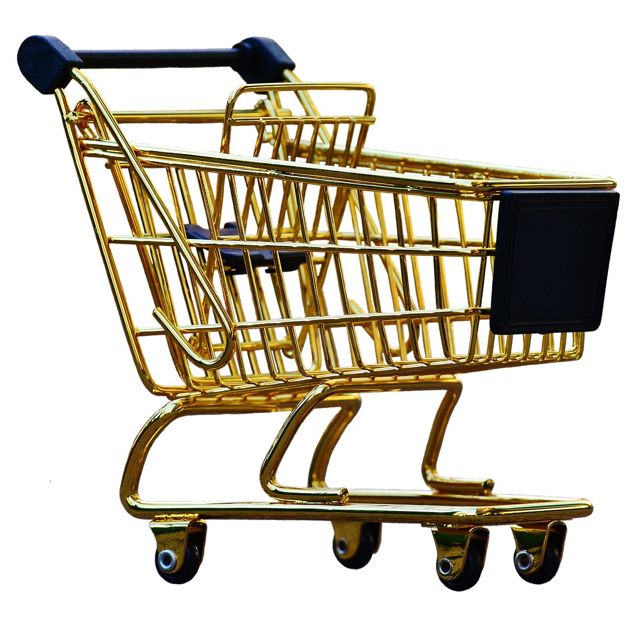 a gold shopping cart on a black background, by Tom Carapic, pexels, isolated on white background, enhanced photo, 3 dimensional, shiny