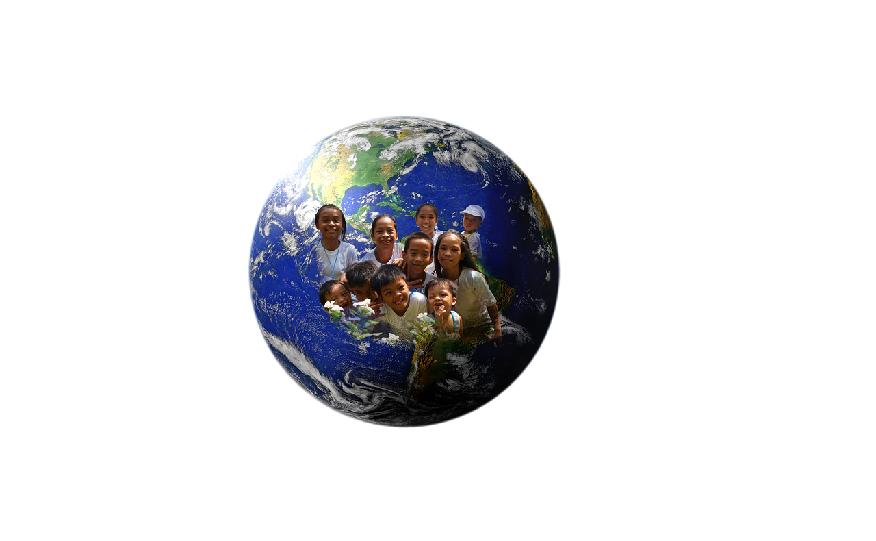 a group of children standing in front of a globe, a picture, hurufiyya, on clear background, biological photo, an indonesian family portrait, blue marble