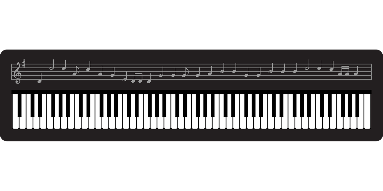 a piano keyboard with music notes on it, inspired by Kawai Gyokudō, computer art, on a flat color black background, lined up horizontally, panel of black, key is on the center