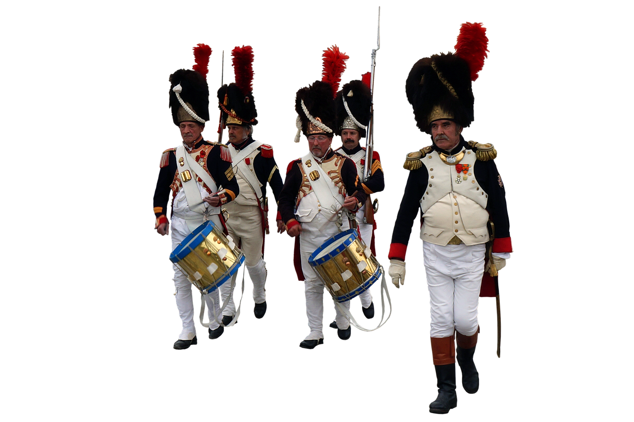 a group of men in uniforms standing next to each other, a colorized photo, inspired by Horace Vernet, figuration libre, drums, !8k!, high details!, 2017