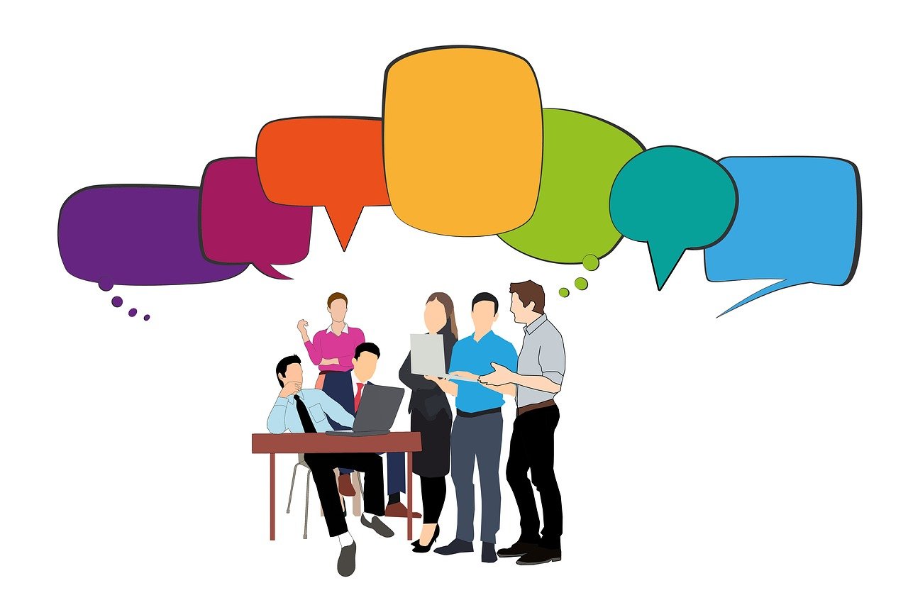 a group of people with speech bubbles above them, a cartoon, by Whitney Sherman, trending on pixabay, people at work, [ colourful, calmly conversing 8k, istockphoto