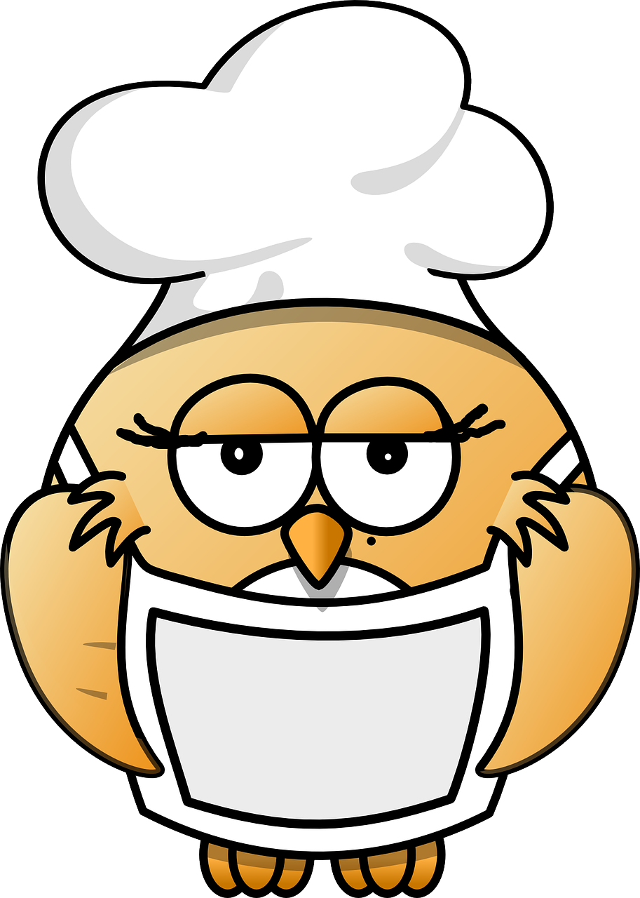 a cartoon owl wearing a chef's hat, inspired by Heinz Anger, pixabay, mingei, facemask, a blond, bakery, stock photo