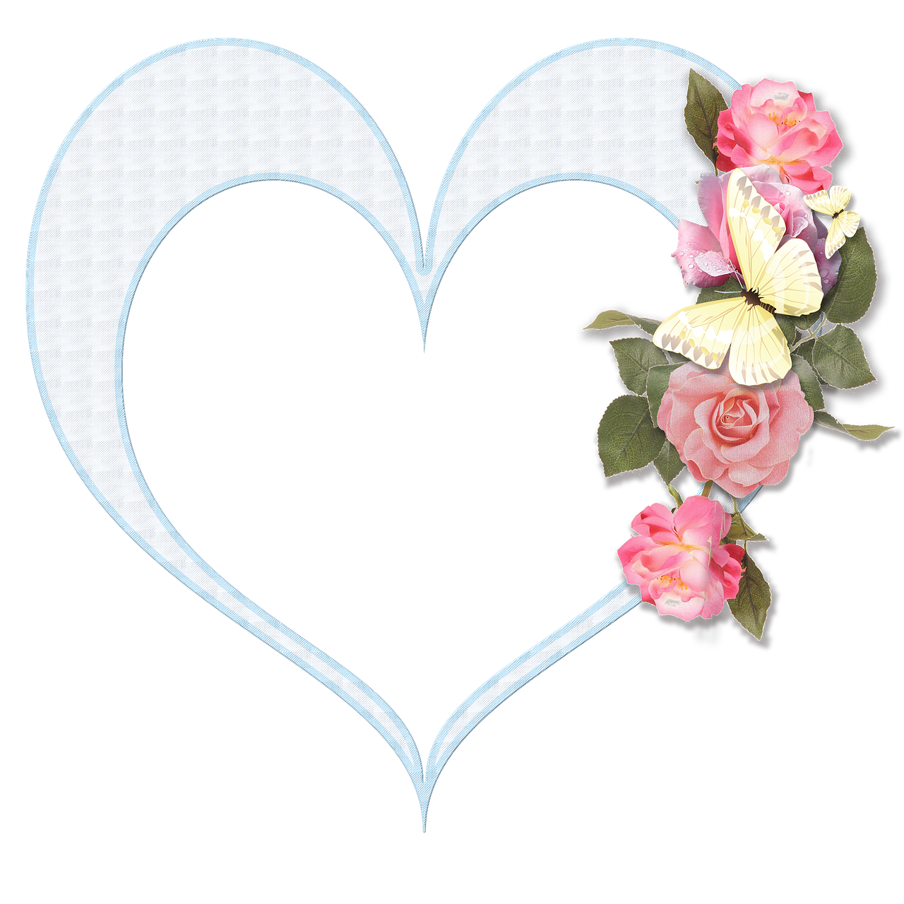 a heart shaped frame with flowers and a butterfly, a digital rendering, inspired by Jan Henryk Rosen, black background!!!!!, hi res, rose background, -4
