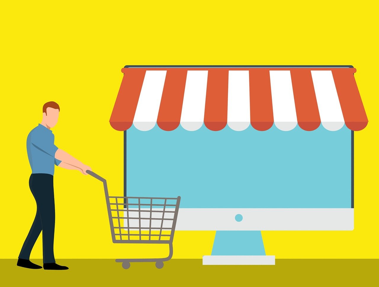 a man pushing a shopping cart in front of a computer, pixabay, shop front, flat background, amber, shelf