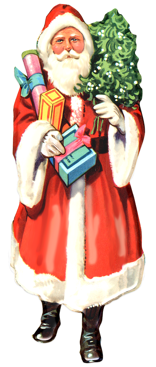 a santa claus holding a christmas tree and presents, a digital rendering, by John Armleder, pop art, detail, graphic 4 5, woman, uncompressed png