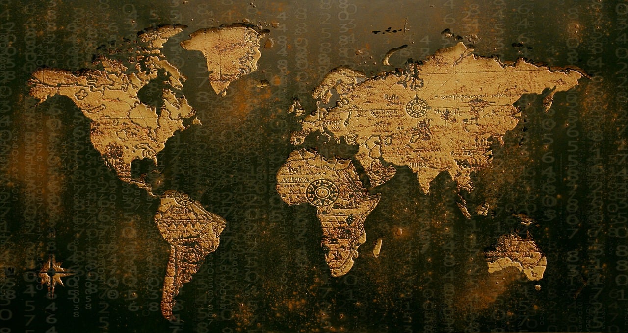 a map of the world on a grunge background, by Kurt Roesch, trending on pixabay, gold, crypto, cover shot, performing