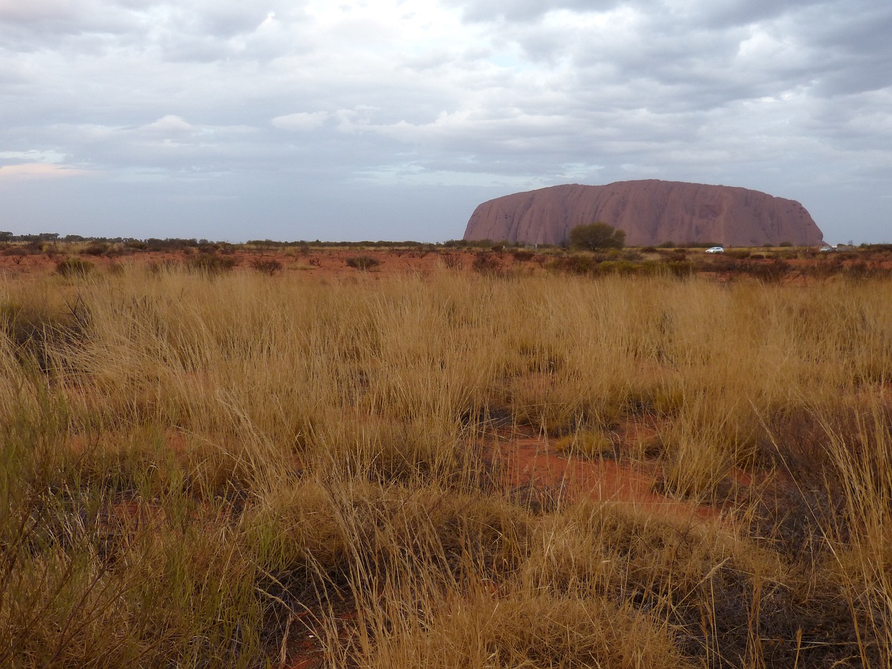 a large rock sitting in the middle of a dry grass field, a picture, by Lee Loughridge, uluru, big overcast, there is tall grass, dreadjim