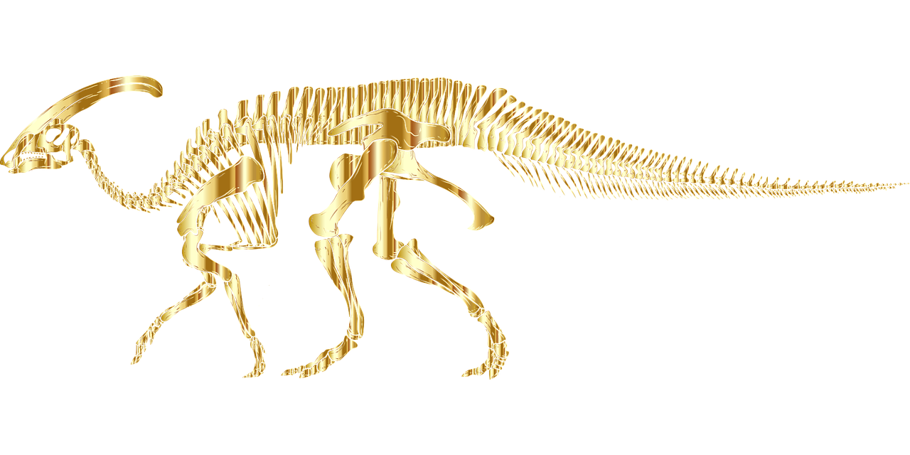 a gold dinosaur skeleton on a black background, inspired by Adam Rex, pixabay contest winner, generative art, alosaurus, ultrafine detail ”, in the art style of quetzecoatl, 20k