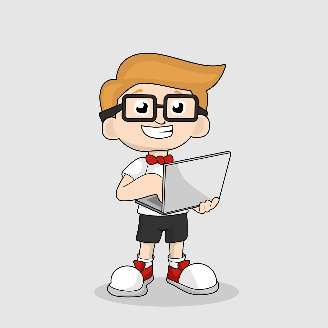 a cartoon boy with glasses holding a laptop, an illustration of, computer art, on a gray background, eddotorial illustration, children illustration, simple and clean illustration