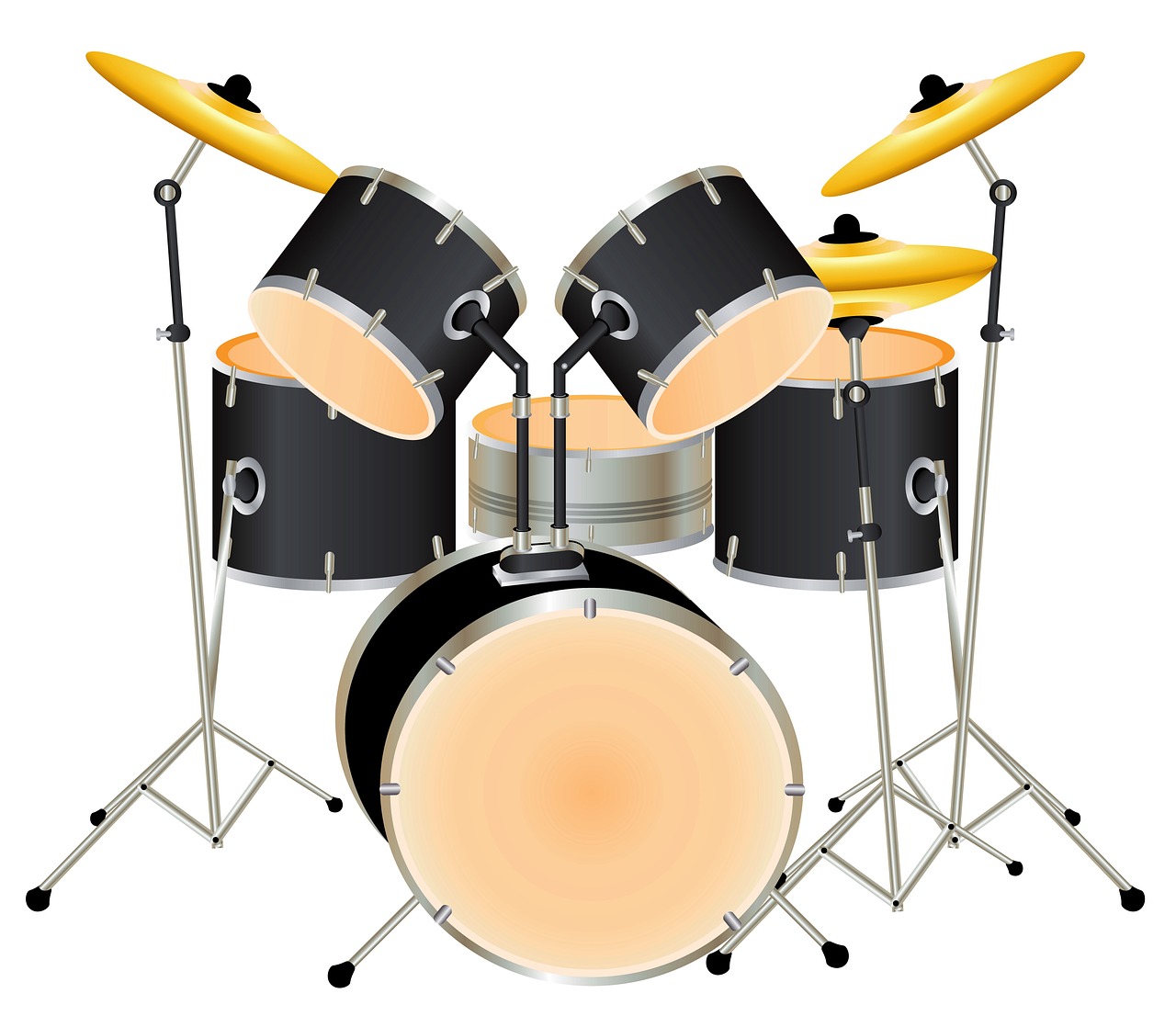 a close up of a drum kit on a white background, an illustration of, shutterstock, sharp high detail illustration, a beautiful artwork illustration, black plastic, full color illustration