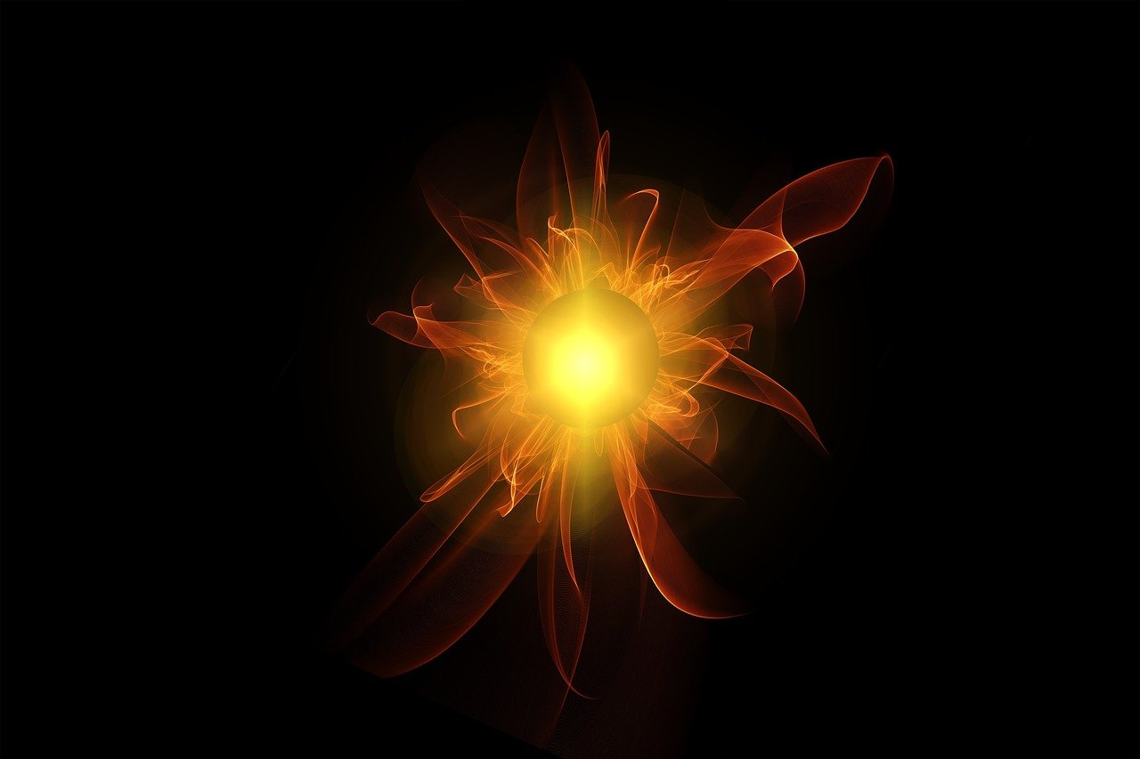 a close up of a flower on a black background, digital art, glowing hot sun, wisps of energy in the air, neutron star, bright yellow and red sun
