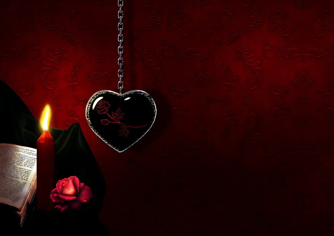 a candle that is next to a book, a photo, romanticism, chains and red fluid background, gothic harts, wallpaper mobile, black roses