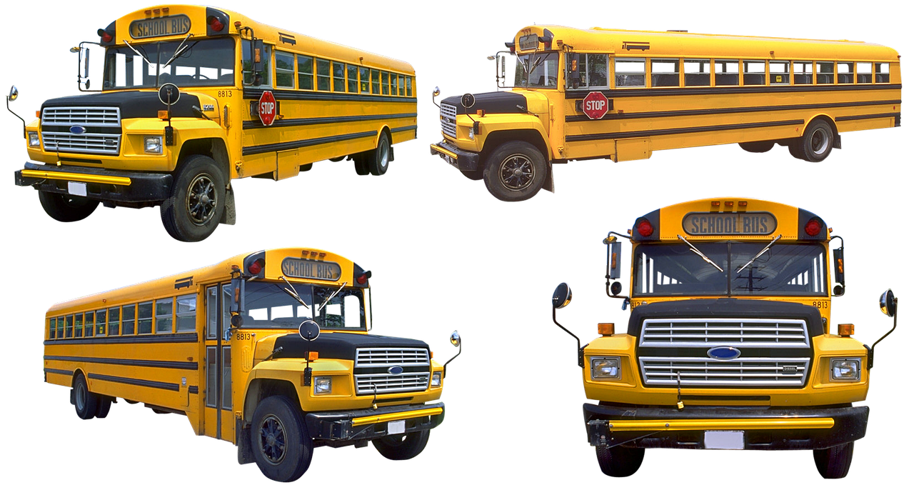 four yellow school buses side by side on a black background, by Wayne England, pixabay, digital art, front back view and side view, photo taken in 1989, goat, full subject shown in photo