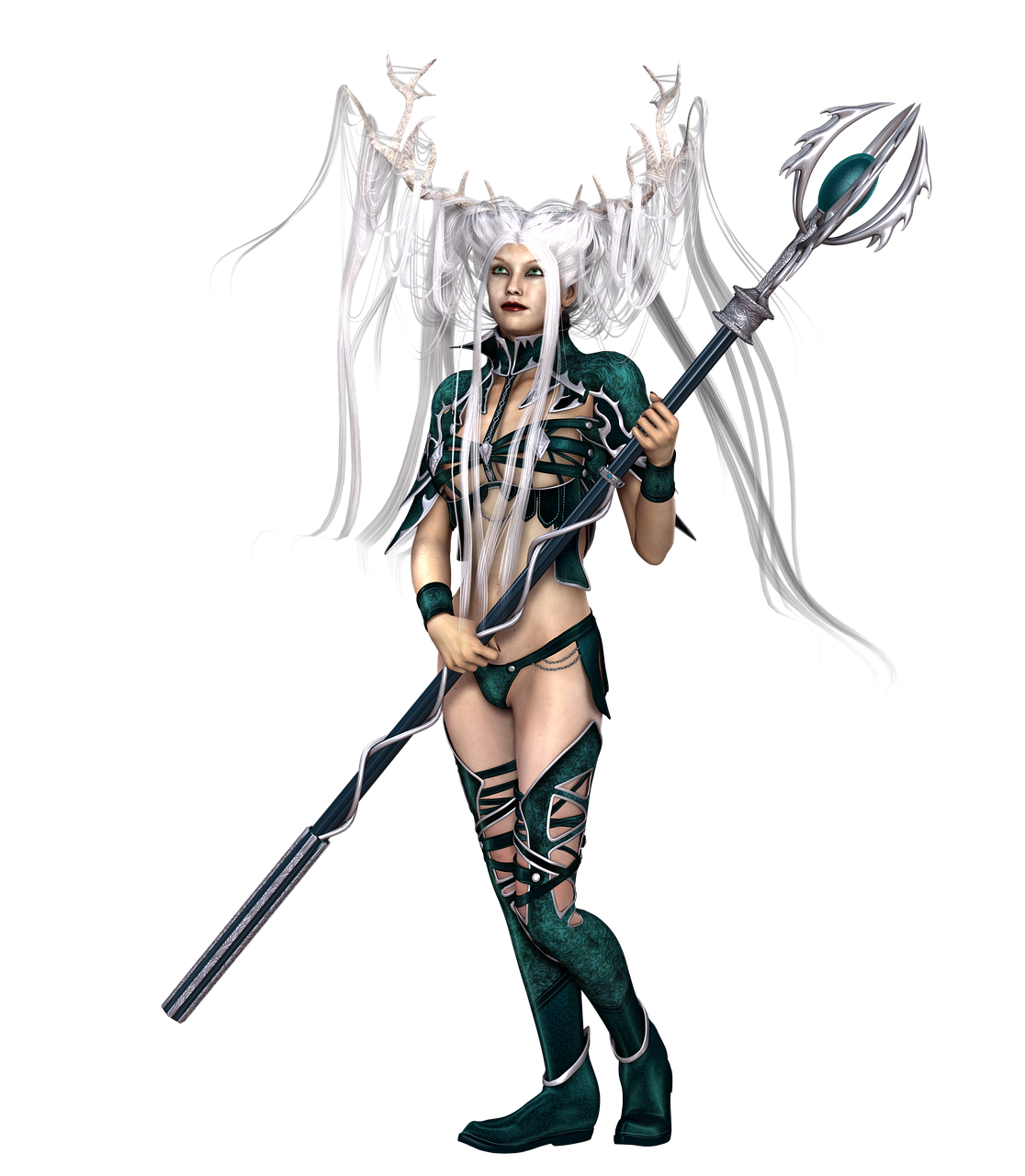 a woman with white hair holding a sword, by senior character artist, zbrush central contest winner, fantasy art, wearing a crown made of antlers, silver and emerald breastplate, high quality fantasy stock photo, fantasy outfit