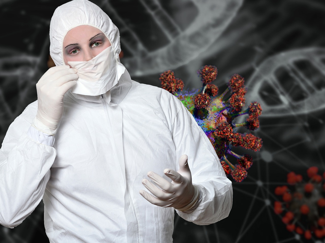 a man in a white lab coat and white gloves, inspired by Igor Morski, shutterstock, poster of corona virus, photograph of a techwear woman, full view with focus on subject, stock photo