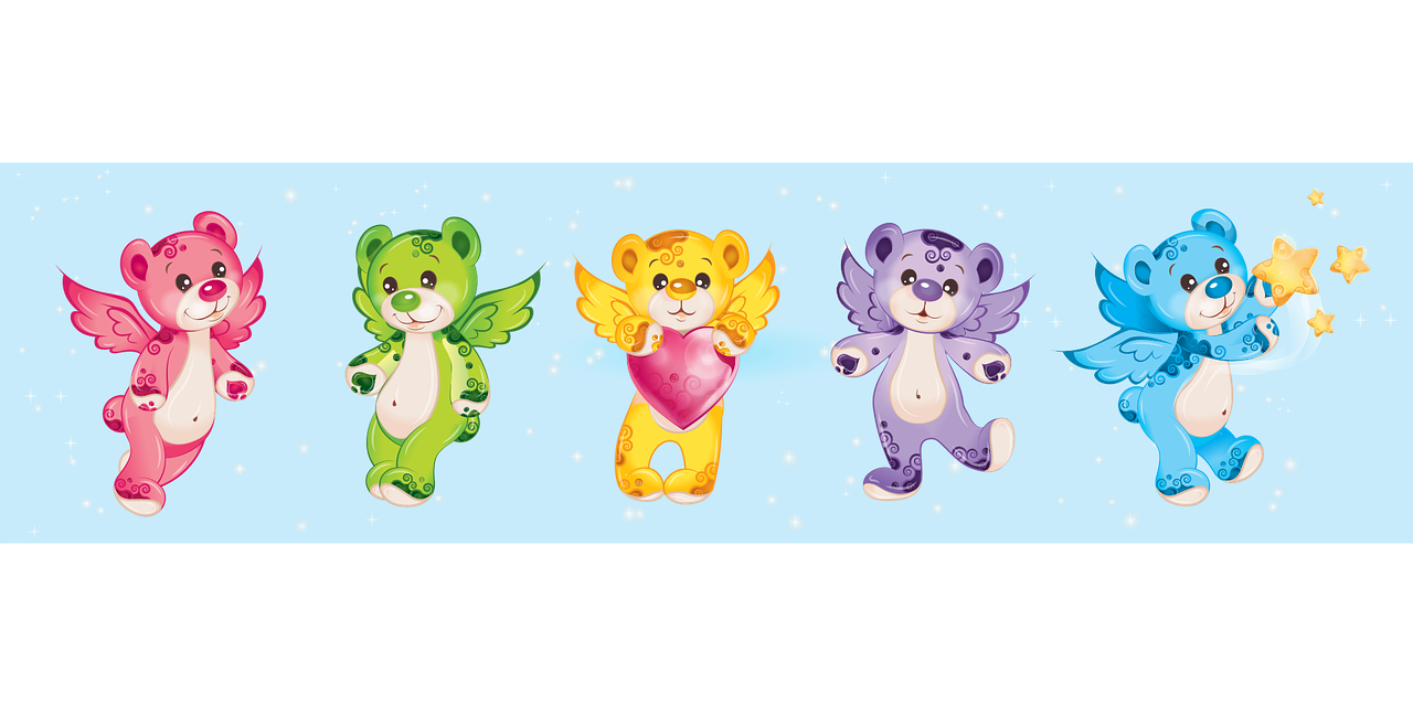 a group of care bears standing next to each other, concept art, toyism, commercial banner, made in adobe illustrator, angels, 3 colors