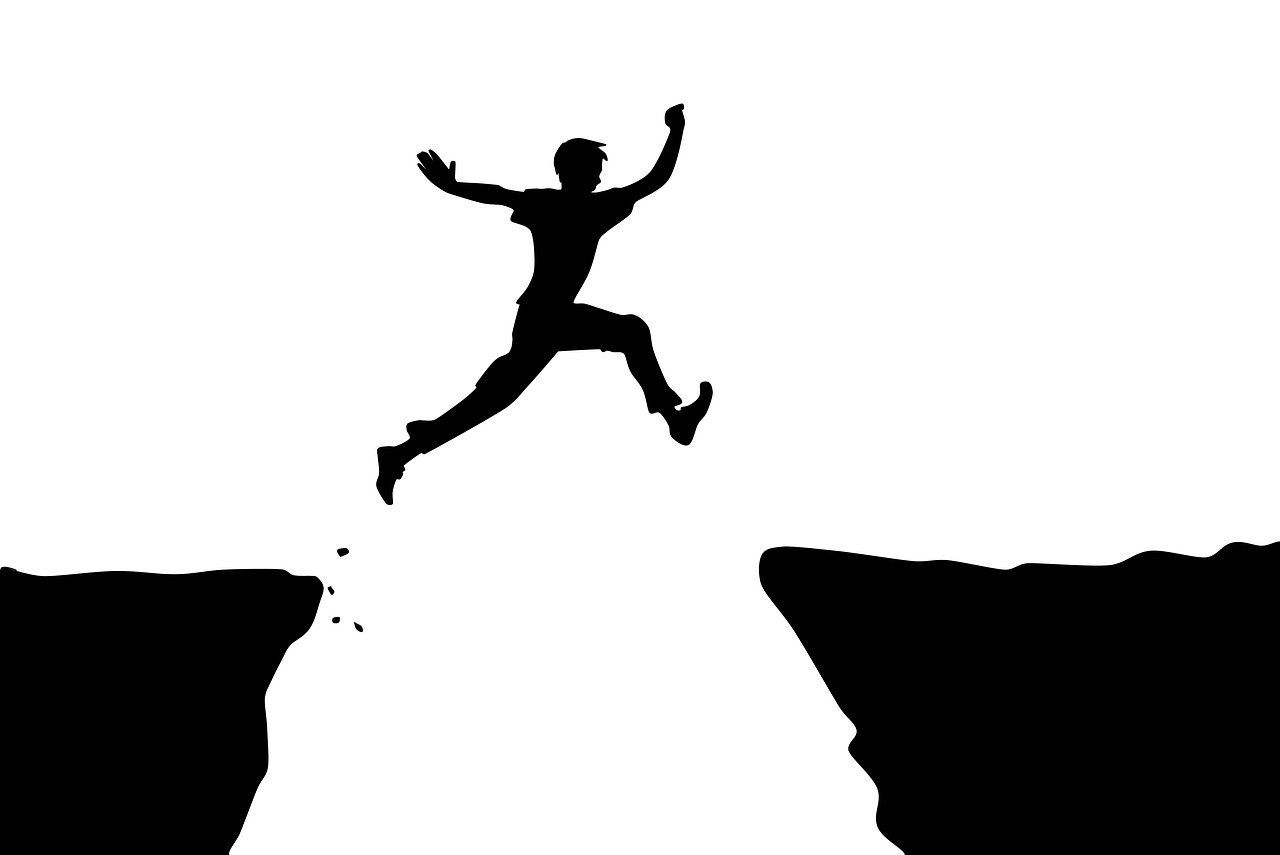 a person jumping off a cliff into the air, a picture, figuration libre, black on white background, chasm, ( ( illustration, self-confidence