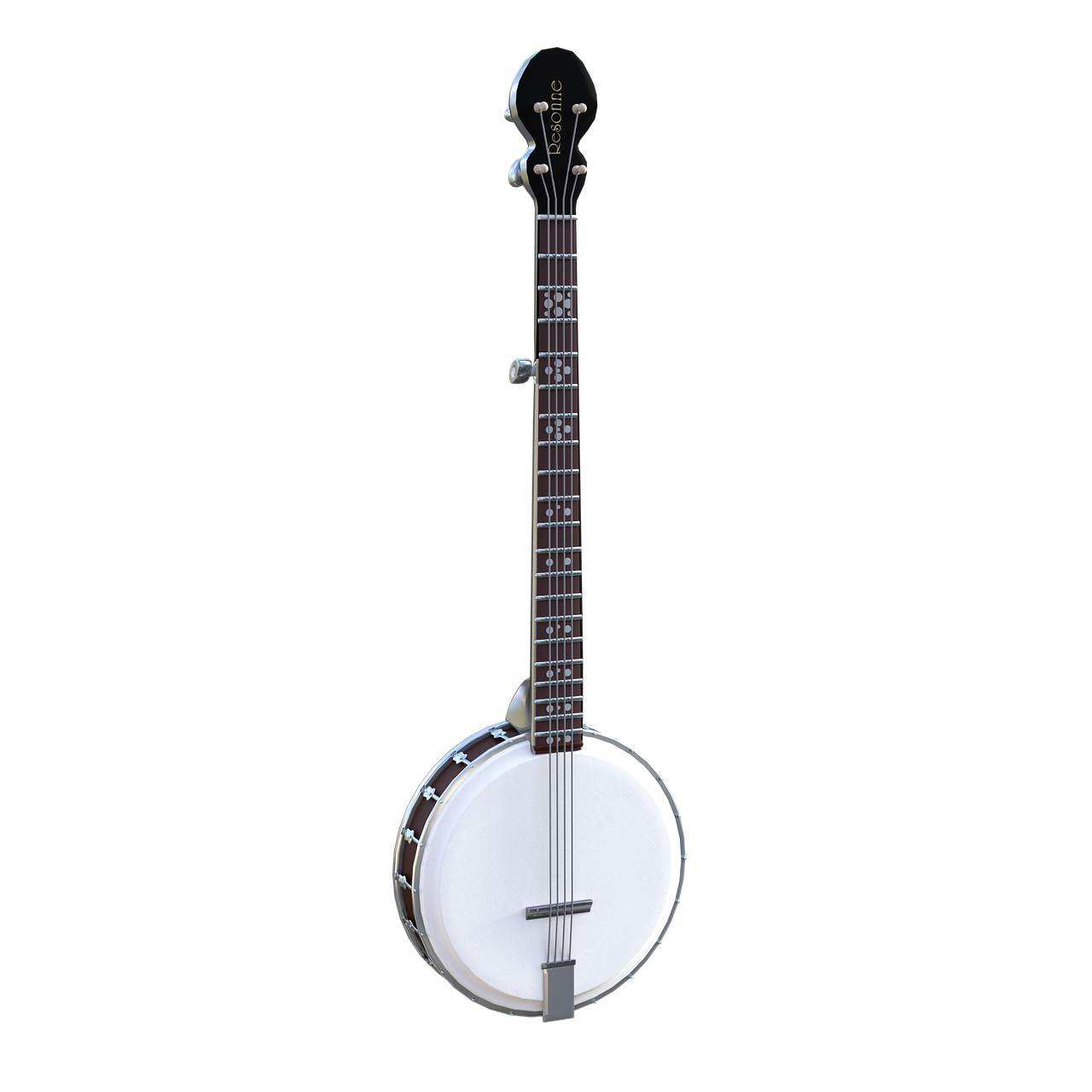 a close up of a banjo on a black background, a low poly render, highly detailed product photo, white soft leather model, 2. 5 d illustration, cel shaded pbr