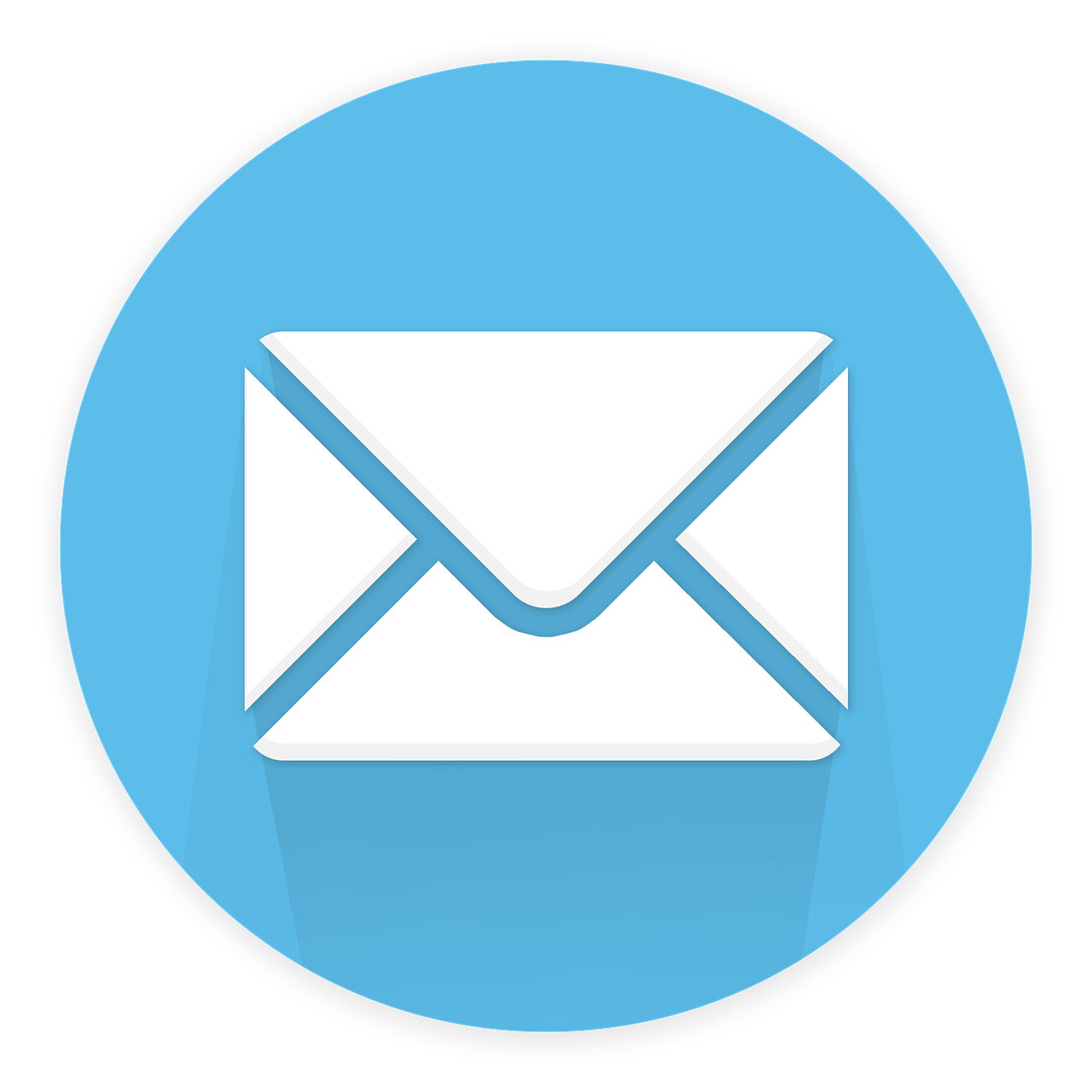 a white envelope with a long shadow on a blue circle, by Matt Stewart, pixabay, on a flat color black background, app icon, various posed, email