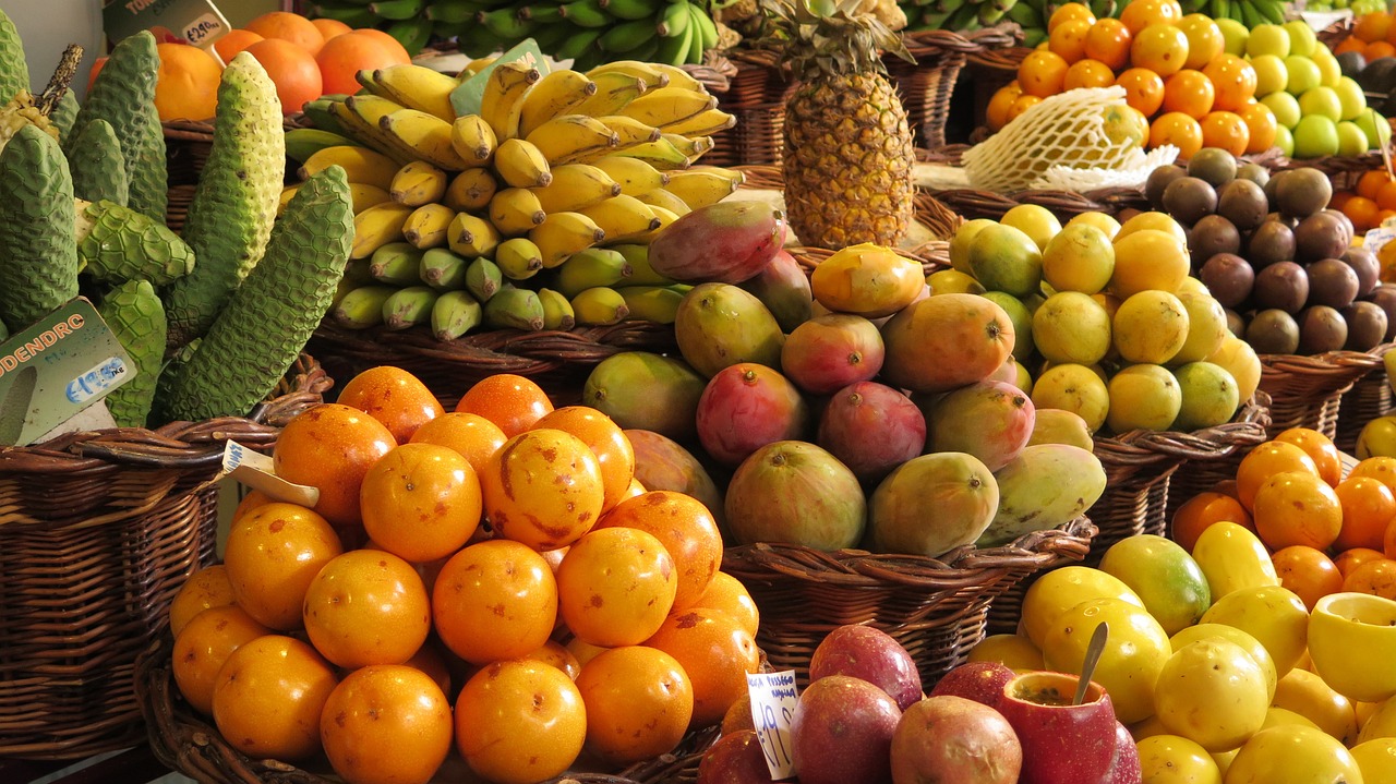 a market filled with lots of different types of fruit, figuration libre, mango, feature