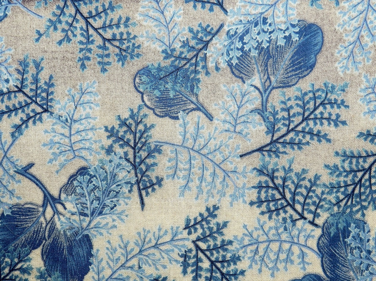 a close up of a blue and white fabric, an ultrafine detailed painting, inspired by William Morris, shutterstock, coral sea bottom, benjamin vnuk, translucent leaves, 1 8 4 0 s