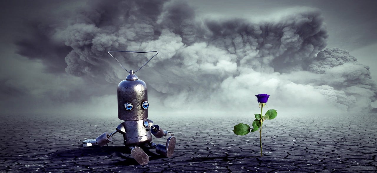 a robot sitting on the ground next to a flower, a picture, inspired by Paul Wunderlich, pixabay contest winner, romanticism, sad sky, blue rose, moody misty fantasy art, fantasy matte painting，cute