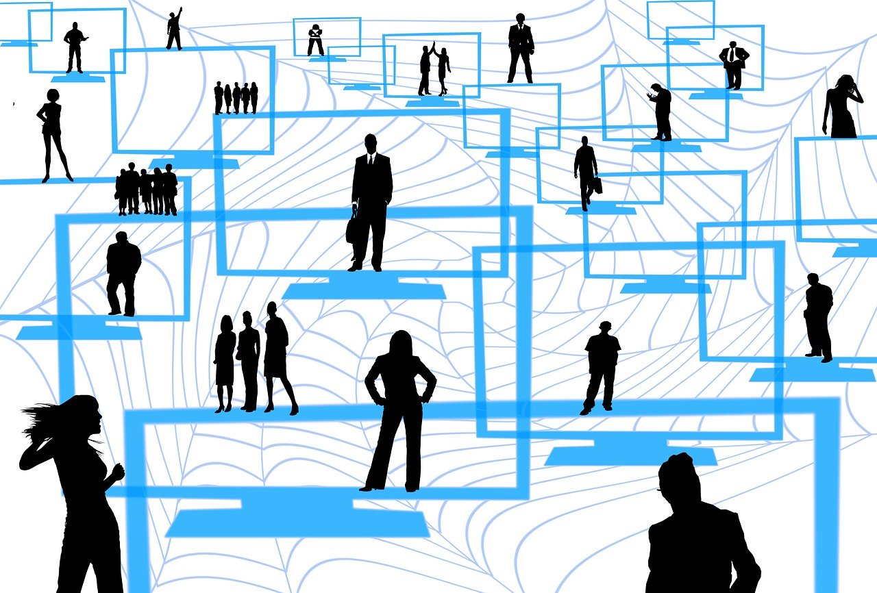 a group of people standing next to each other, a digital rendering, conceptual art, webs, outlined silhouettes, corporate flow chart, convoluted halls