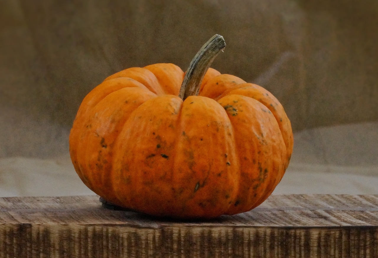 a small orange pumpkin sitting on top of a wooden table, a picture, flickr, renaissance, loosely cropped, on a wooden tray, version 3, autumnal