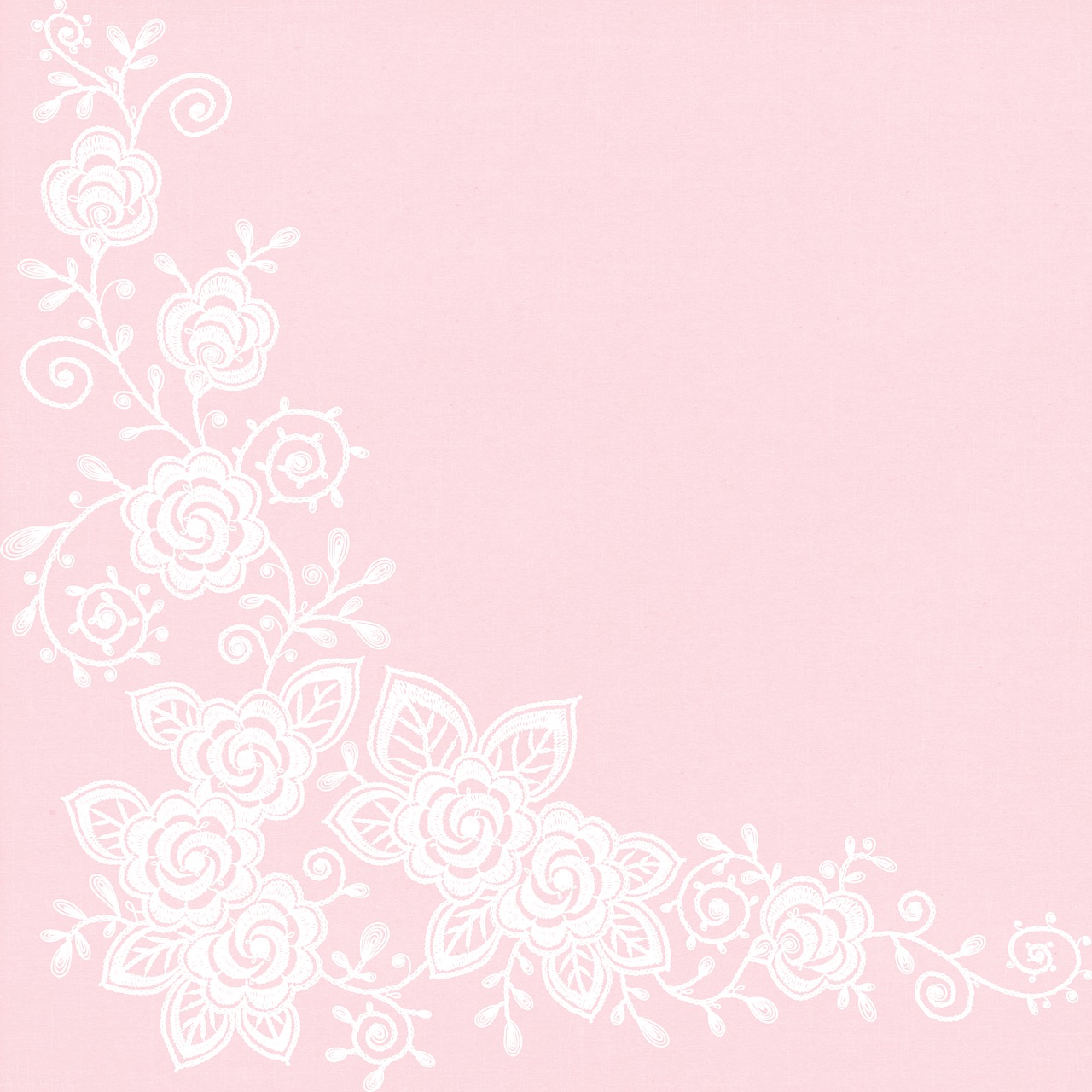 a pink background with white flowers and vines, a pastel, inspired by Martina Krupičková, tumblr, arabesque, blank paper, corner, pink rose, bride