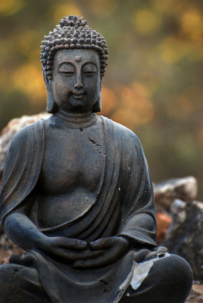 a statue of a person sitting on a rock, inspired by Sesshū Tōyō, pexels, the buddha, photograph credit: ap, zen natural background, mid shot portrait