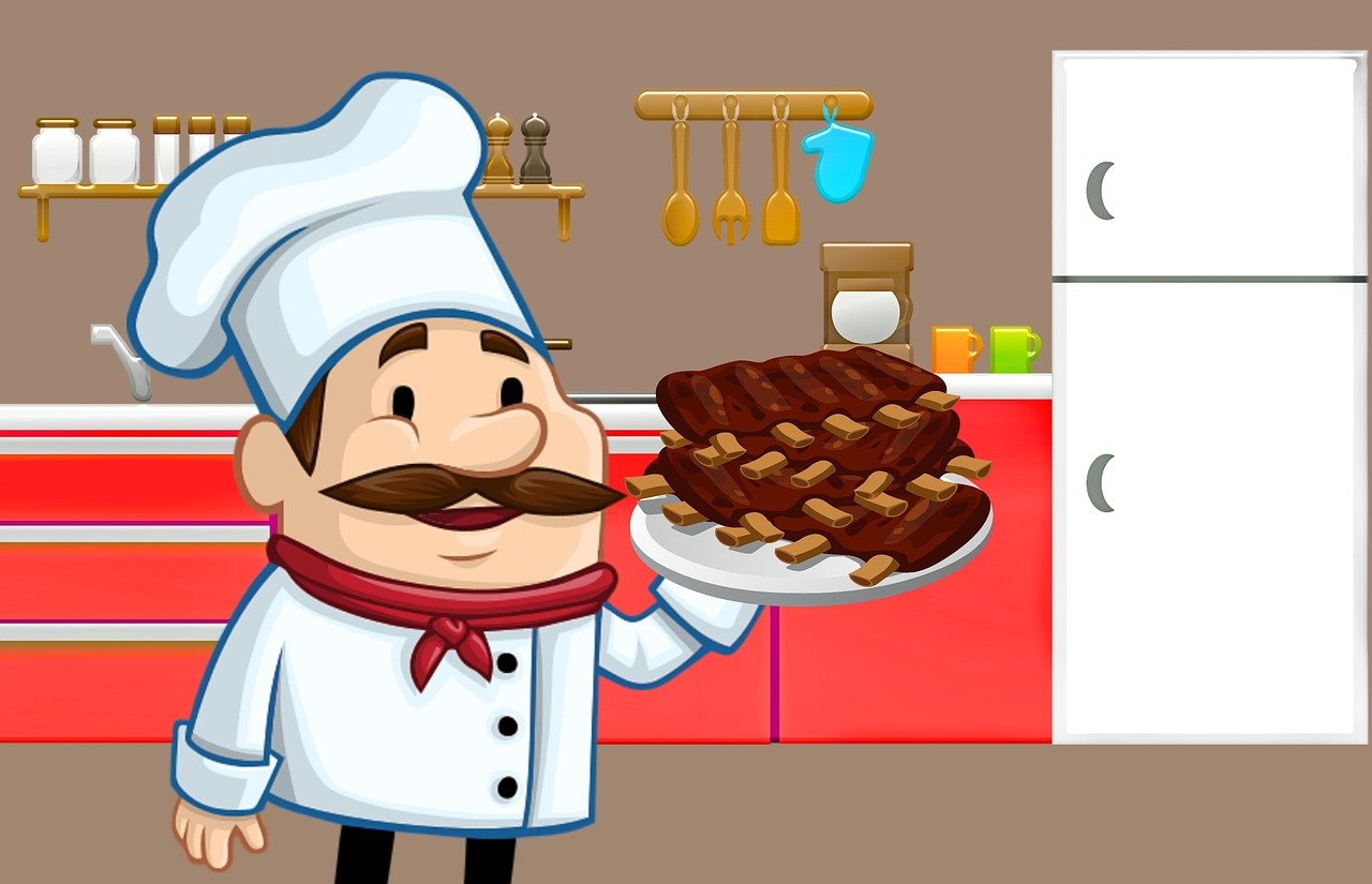 a cartoon chef holding a plate of food, concept art, inspired by Luigi Kasimir, shutterstock, serving rack of ribs, 2d game background, cookbook photo, chocolate