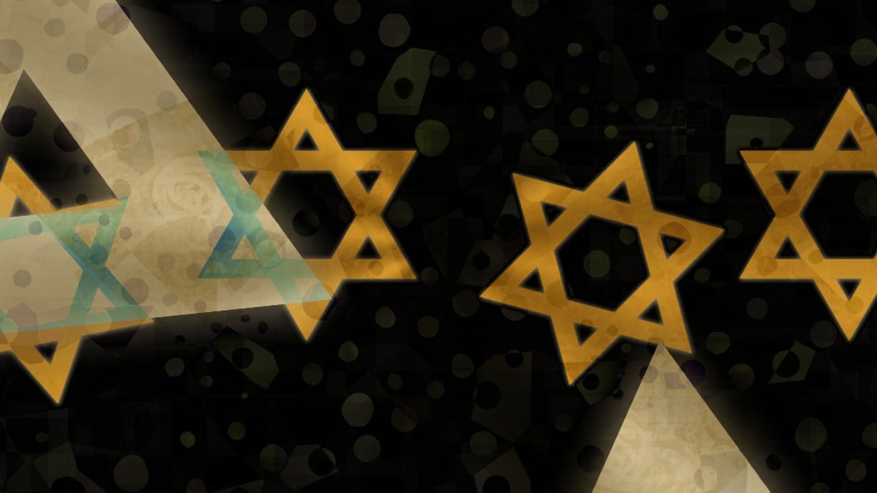 a number of star of david on a black background, digital art, by Elias Goldberg, digital art, there are two sides to the story, rayonism light effects and bokeh, gold and black metal, in a shapes background