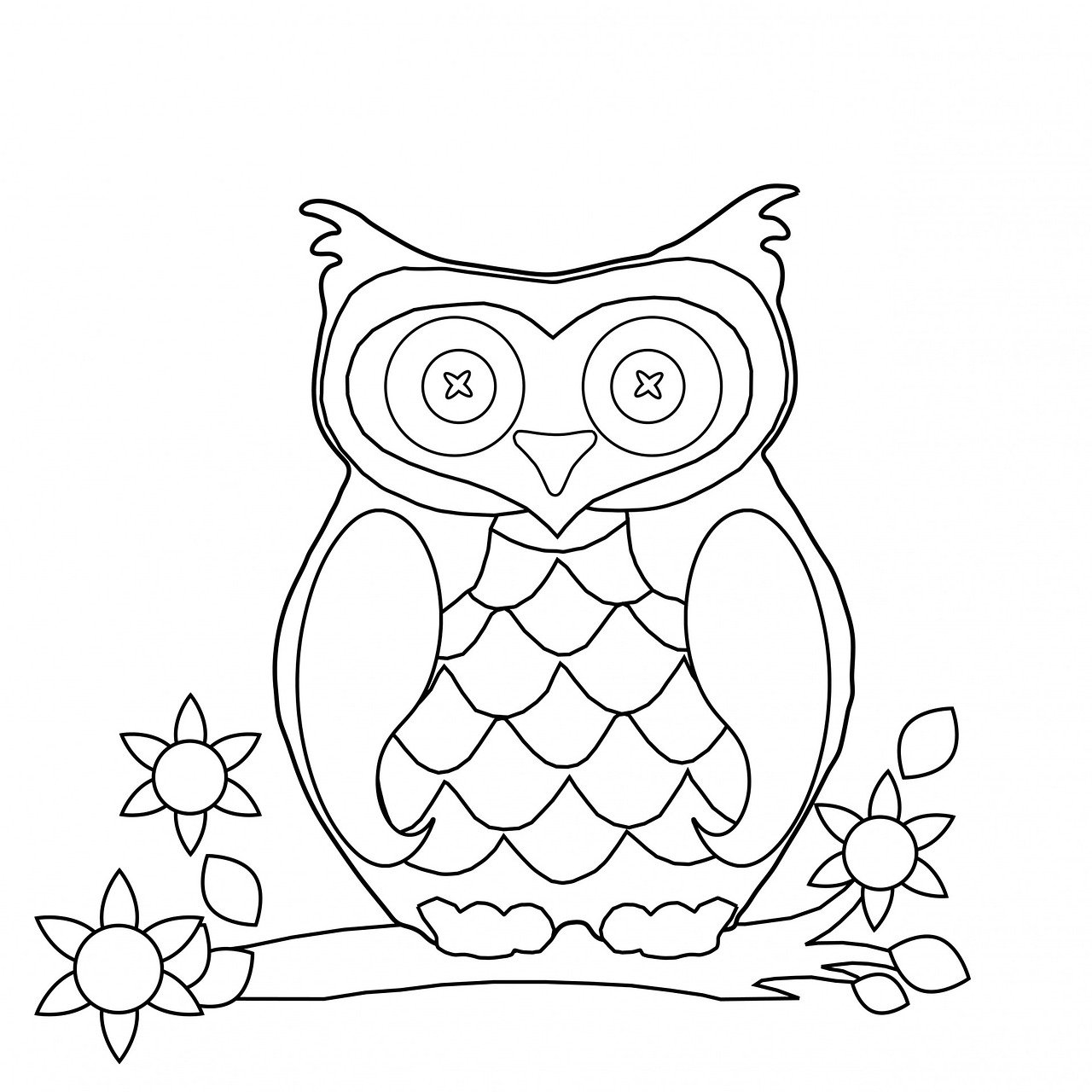 a black and white drawing of an owl sitting on a branch, inspired by Otto Pilny, trending on pixabay, children\'s book drawing, wire sculpture drawings, color page, cute girl
