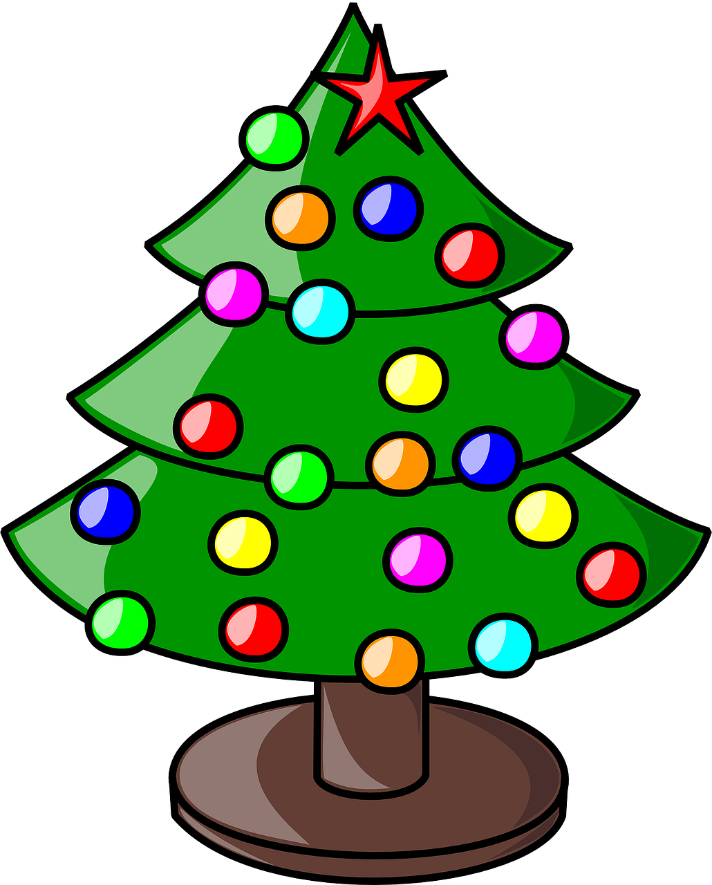 a christmas tree with a star on top, a cartoon, by Aleksander Gierymski, pixabay, decorated ornaments, coloured with lots of colour, dad, 3/4 side view
