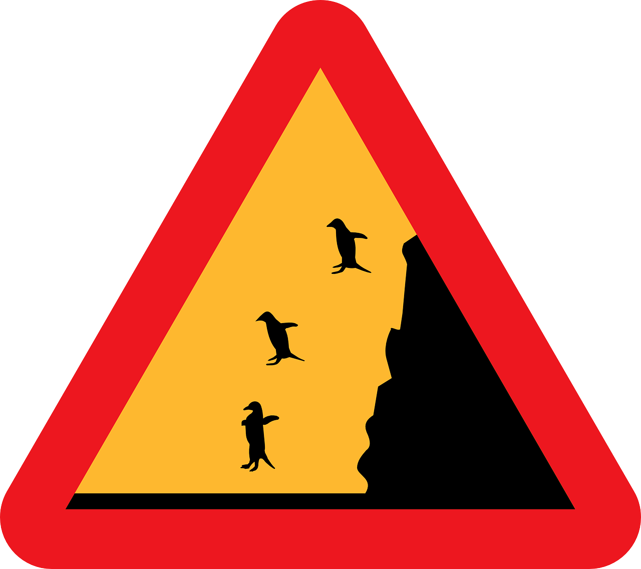 a sign warning of birds flying over a cliff, a cartoon, figuration libre, pingu, in triangular formation, ideas, narrow passage