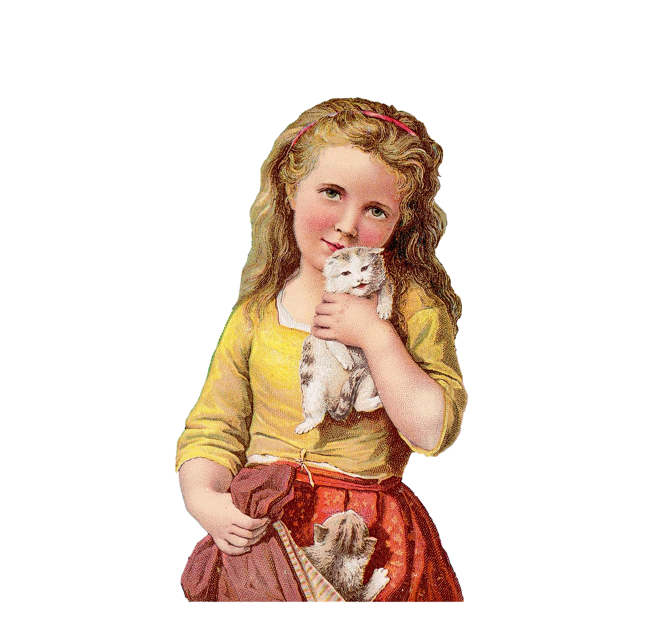 a little girl holding a kitten in her arms, inspired by Sophie Anderson, romanticism, cut out collage, high quality screenshot, graphic 4 5, with a black background