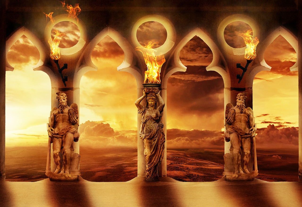 a group of statues standing next to each other, a detailed matte painting, inspired by Marc Simonetti, fantasy art, appears as the fire goddess, photo manipulation, fire from some windows, surrealism background