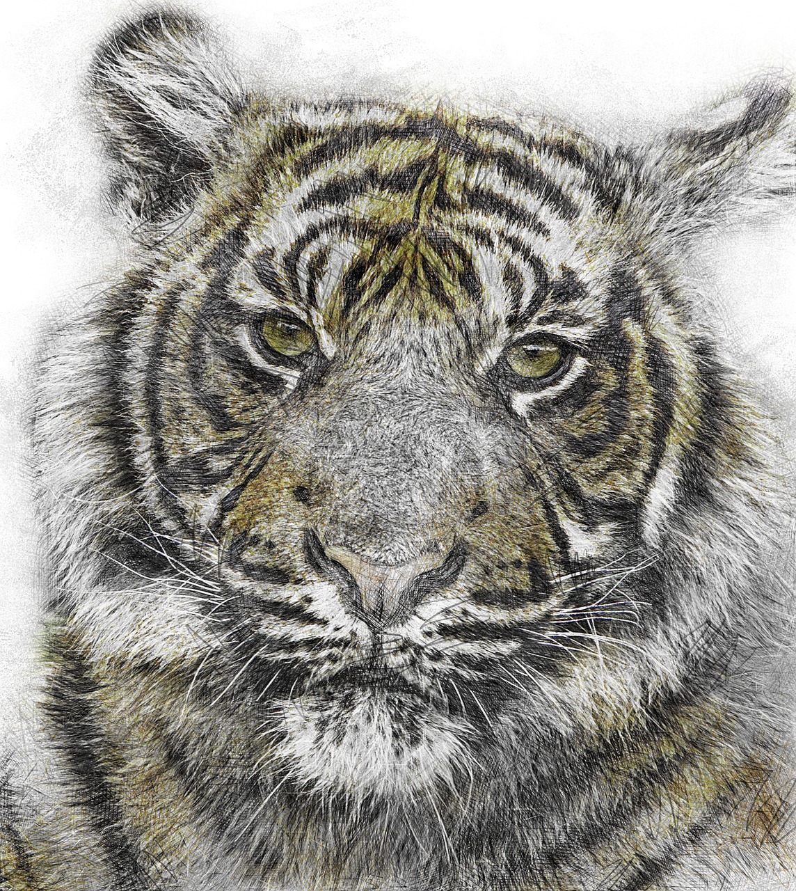 a close up of a tiger's face on a white background, a color pencil sketch, inspired by Augustin Meinrad Bächtiger, sumatraism, highly detailed digital artwork, scribbled, high detail illustration, highres