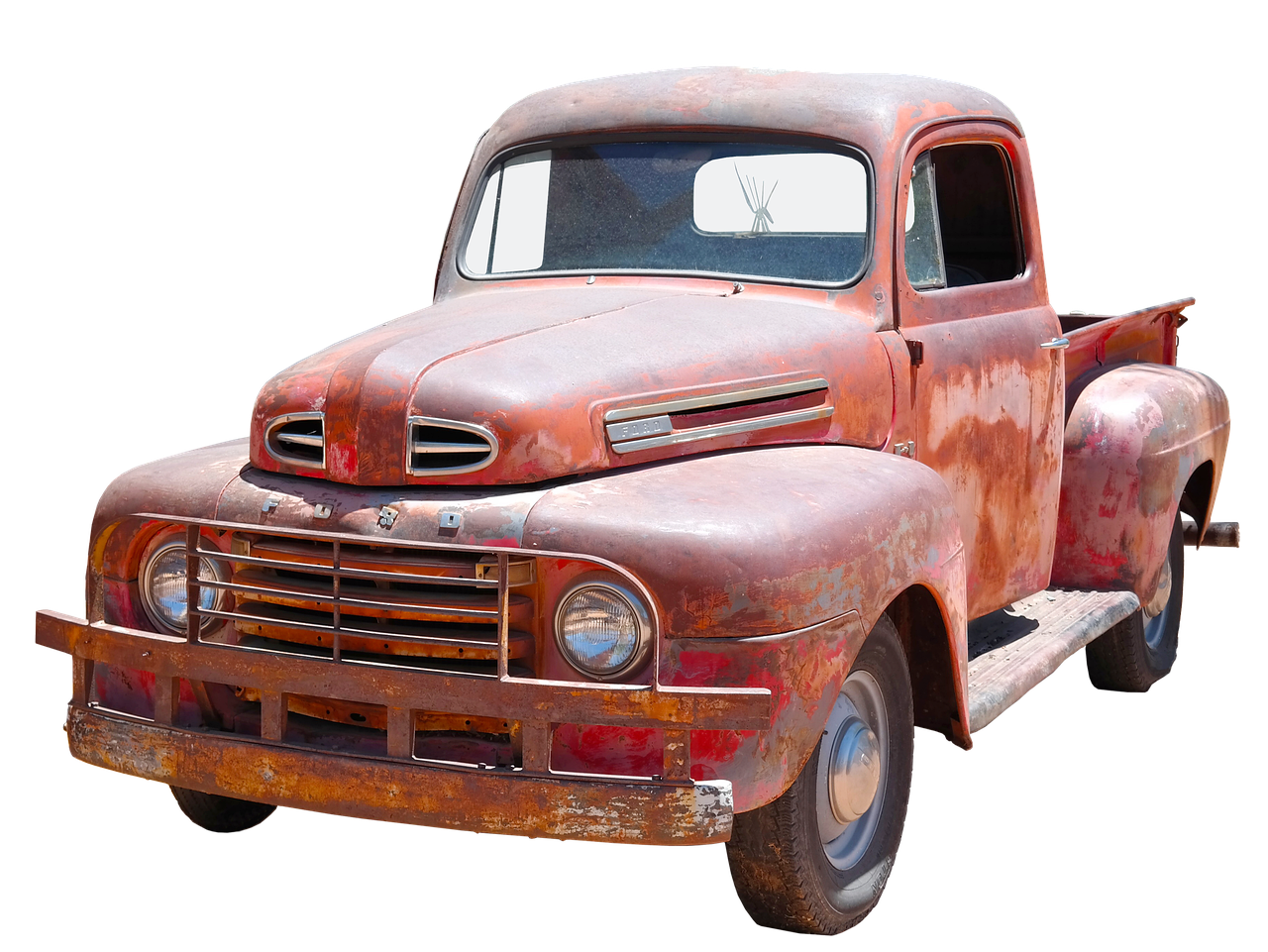 an old rusted truck on a black background, a colorized photo, by Arnie Swekel, photorealism, istockphoto, ford, rusty red helmet, long front end