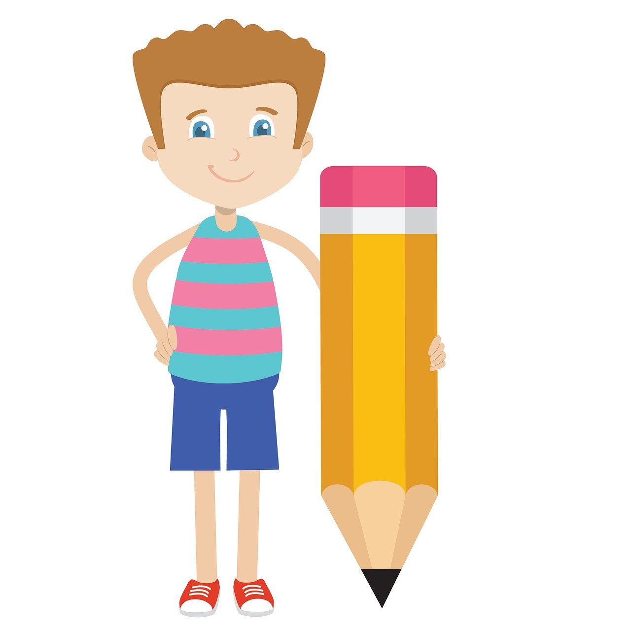 a boy standing next to a giant pencil, shutterstock, naive art, isolated on white background, happy appearance, pristine and clean design, fully body pose