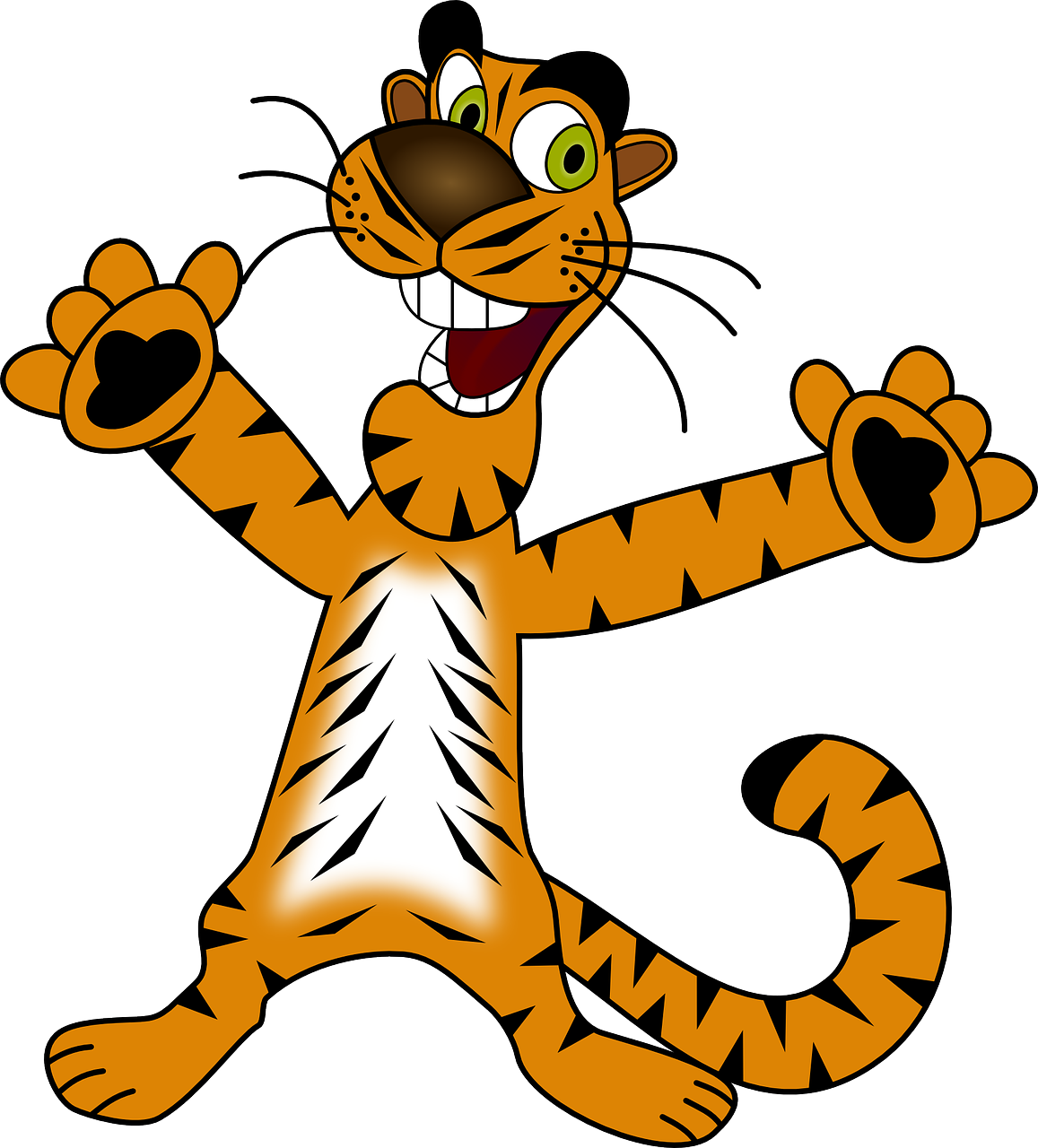 a cartoon tiger with his arms in the air, a digital rendering, inspired by Hanna-Barbera, flickr, cobra, goofy smile, dark!!!, bangalore, clip art