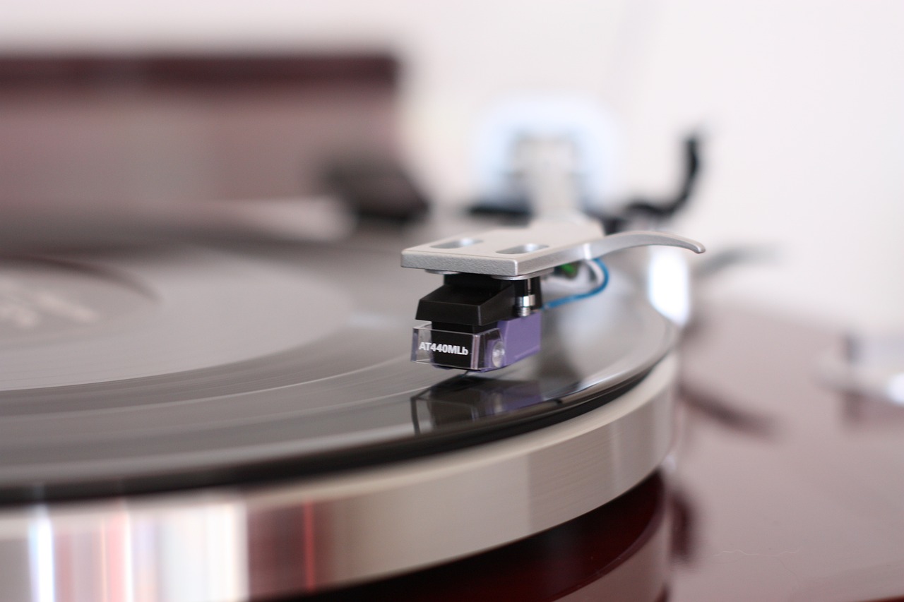 a turntable sitting on top of a wooden table, a macro photograph, bauhaus, taken with canon eos 5 d, soft vinyl, sennheiser, stems