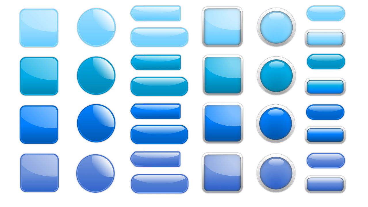 a set of blue buttons on a black background, vector art, by John Button, process art, round corners, different shapes and sizes, ios, stylized layered shapes